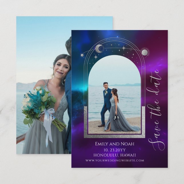 Save The Date Soleil Lune Violet Turquoise Céleste (Devant / Derrière)