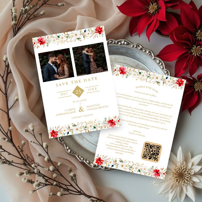 Save The Date Sophisticated Classic Christmas Garland Wedding (Sophisticated Classic Christmas Garland Wedding Save the Date Cards with Two Photos and Back QR Code)