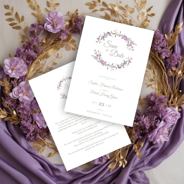 Save The Date Sophisticated Elegant Lilac Floral Wedding Garland (Sophisticated Elegant Lilac Floral Wedding Garland Save the Date Card.)
