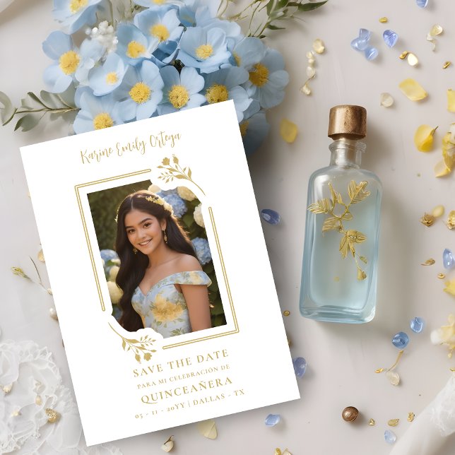 Save The Date Spanish Elegant Photo Quinceañera in Yellow Floral (Spanish Elegant Photo QuinceañeraFloral Frame in Faux Gold Save the Date Card.)