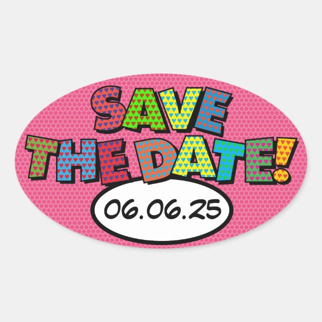 SAVE THE DATE Spaß Retro Comic Pop Kunst Ovaler Aufkleber (Vorderseite)