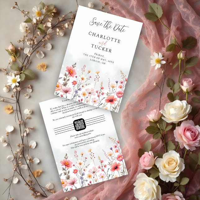 Save The Date Spring-Inspired Rustic Boho Romantic Wildflowers (Spring-Inspired Rustic Boho Romantic Wildflowers Wedding Save the Date Cards with QR Code in Pink.)