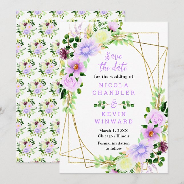 Save The Date Spring Purple Flowers with Foliage (Devant / Derrière)