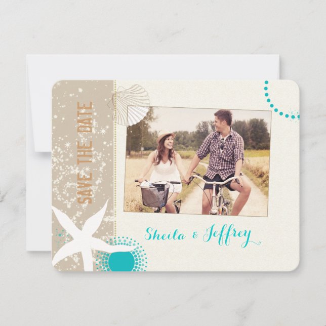 Save The Date Starfish + Beach Sand Mariage Photo Enregistrer la (Devant)
