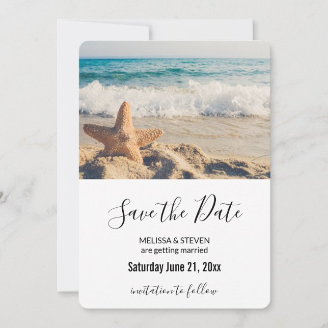 Save The Date Starfish sur un Mariage de plage de sable (Devant)