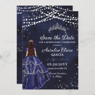 Save The Date Starry Night Navy Blue Gown Silver Quinceañera