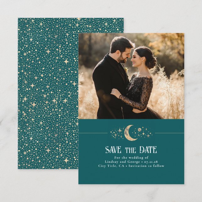 Save The Date Stars Moon Celestial Turquoise Enregistrer la date (Devant / Derrière)