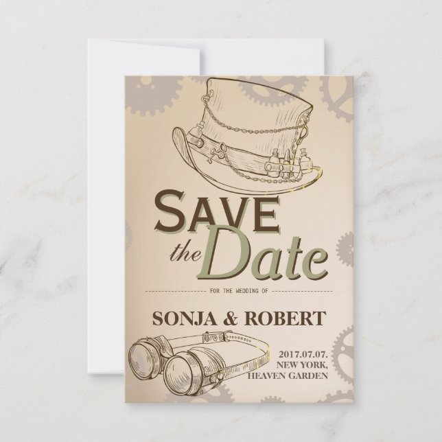 Save the Date - Steamhut und Googles (Vorderseite)