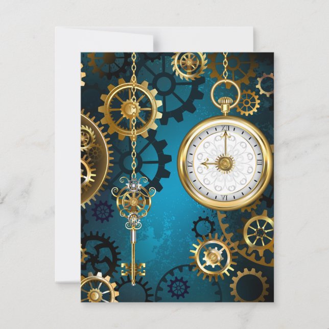 Save The Date Steampunk Arrière - plan turquoise avec Gears (Devant)