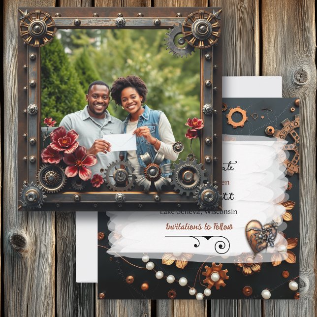 Save The Date Steampunk Cuivre Floral Mariage personnalisé (Créateur téléchargé)