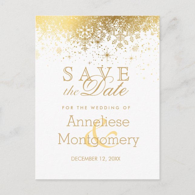 Save the Date stilvolle Weiß-und Goldschneeflocke Ankündigungspostkarte (Vorderseite)