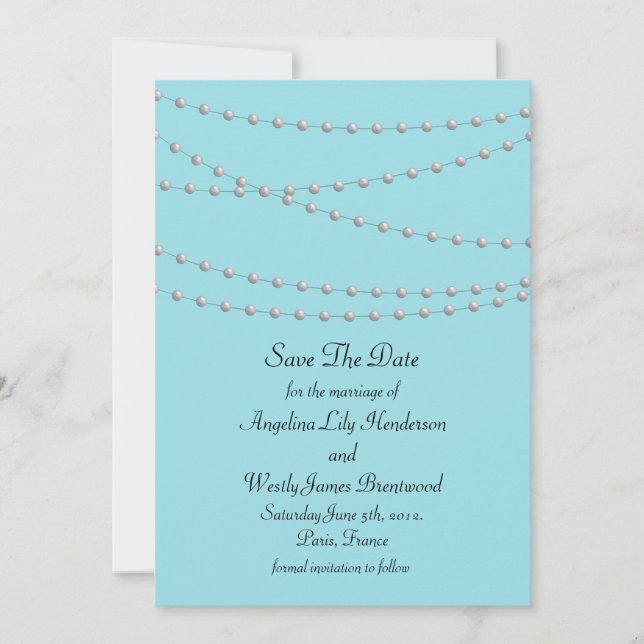 Save The Date Strands of Pearls on Turquoise Enregistrer la date (Devant)