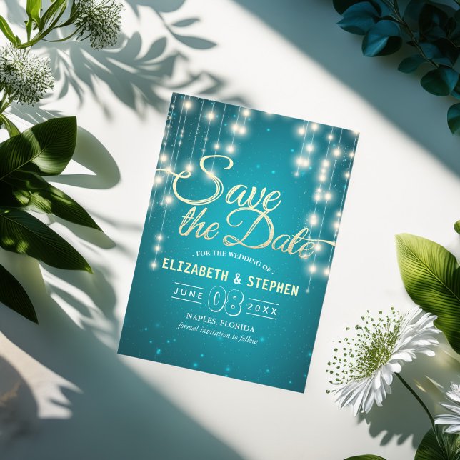 Save The Date String Lights Turquoise Gold Script Enregistrer La (Créateur téléchargé)