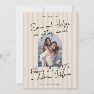 Save The Date Striped Modern Handwritten Script Photo Wedding