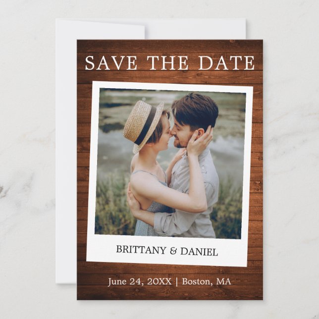 Save The Date Style Caméra instantanée Couple Photo Wood (Devant)
