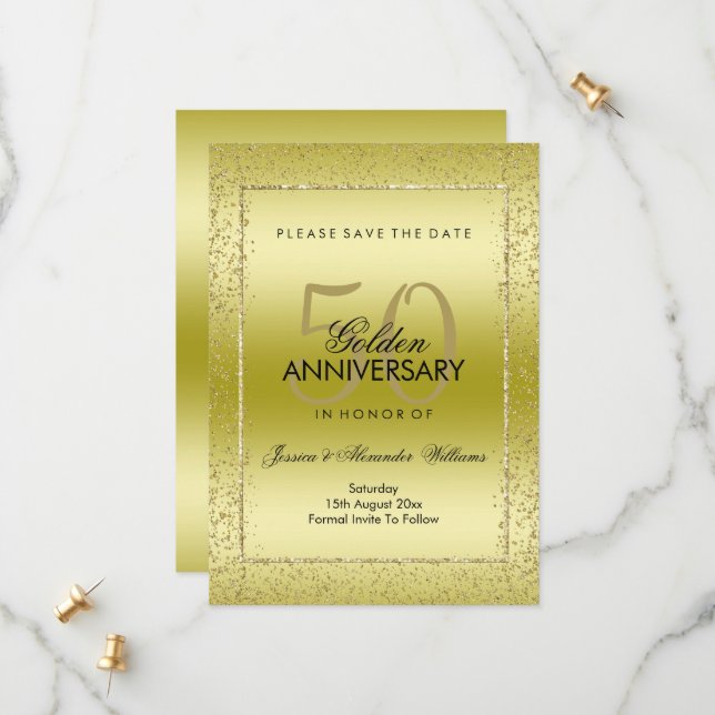 Save The Date Stylish Or Confetti Doré 50 ans de Mariage  (Devant/Arrière en situation)