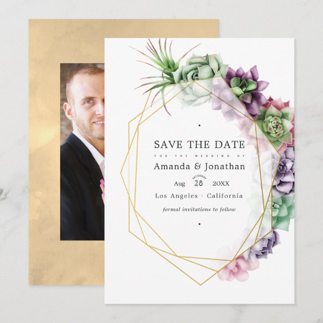 Save The Date Succulents Géométriques Herbier Mariage Jardin  (Devant / Derrière)