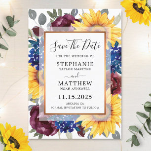 Save The Date Sunflower Burgundy Marine Floral Mariage frontière
