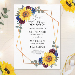 Save The Date Sunflower Burgundy Navy Floral Mariage géométrique