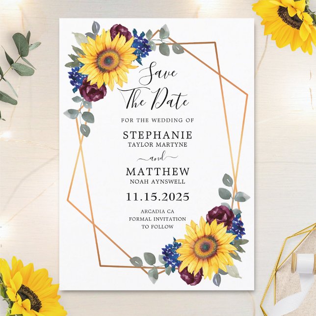 Save The Date Sunflower Burgundy Navy Floral Mariage géométrique (Créateur téléchargé)