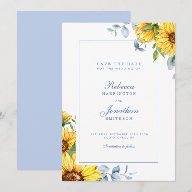 Save The Date Sunflower & Eucalyptus Blue Wedding Enregistrer La (Devant / Derrière)