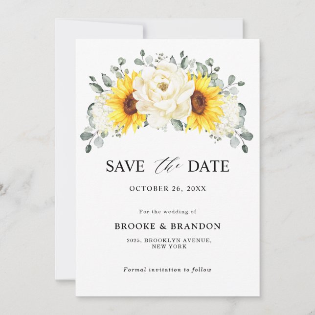Save The Date Sunflower Ivory Peony Floral Eucalyptus Wedding    (Devant)