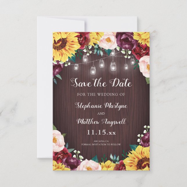 Save The Date Sunflower Mason Jar Lights Floral Mariage en bois (Devant)