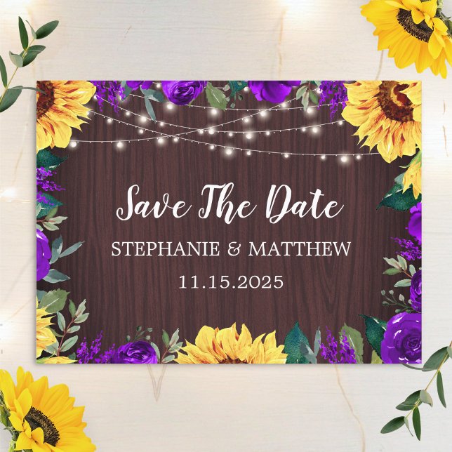 Save The Date Sunflower Purple Floral Bois Mariage Enregistrer L (Créateur téléchargé)