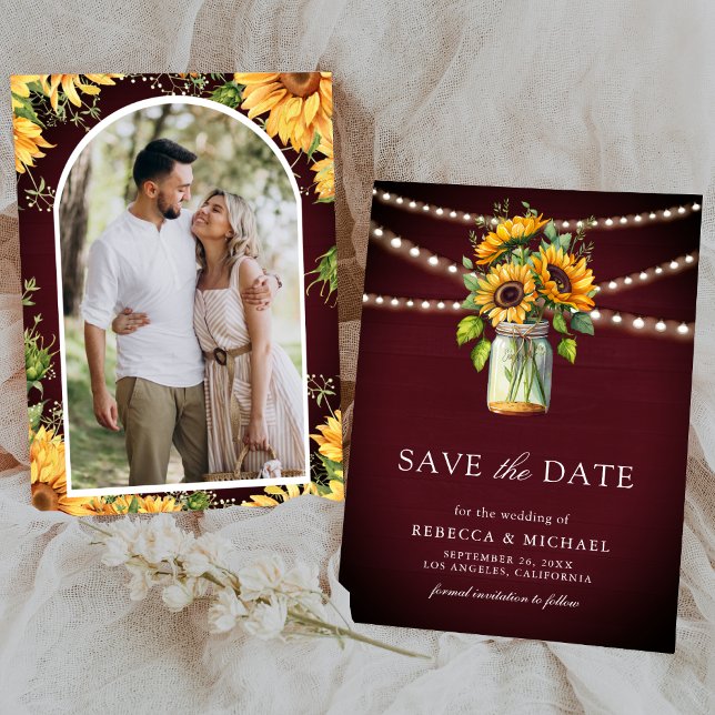 Save The Date Sunflowers Burgundy Mason Jar Mariage photo (Créateur téléchargé)