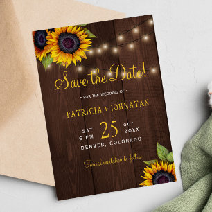 Save The Date Sunflowers rustique grange mariage en bois