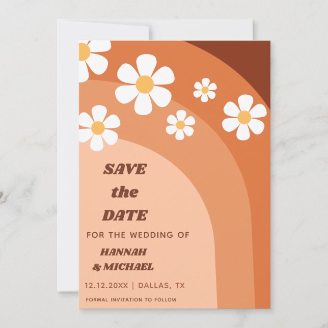 Save The Date Super Retro Terracotta Boho Rainbow Daisy Floral (Devant)