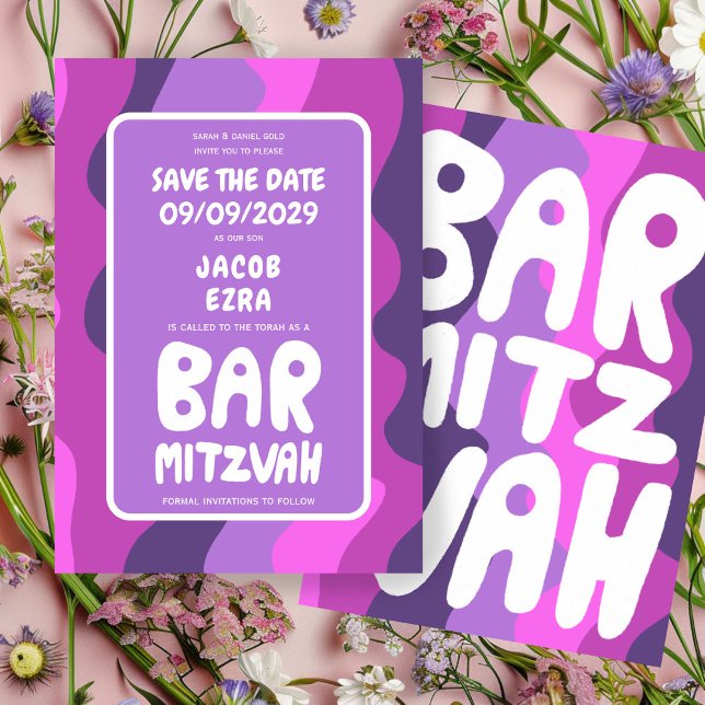 Save The Date Super Violet Waves Custom Bat Bar Bnai Mitzvah (Groovy Purple Waves Custom Bat Bar Bnai Mitzvah Save The Date
)