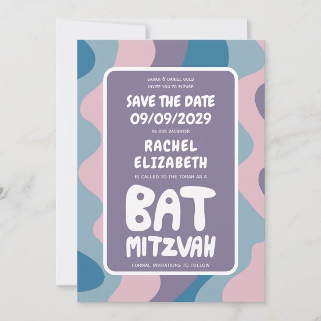 Save The Date Super Violet Waves Custom Bat Bar Bnai Mitzvah (Devant)