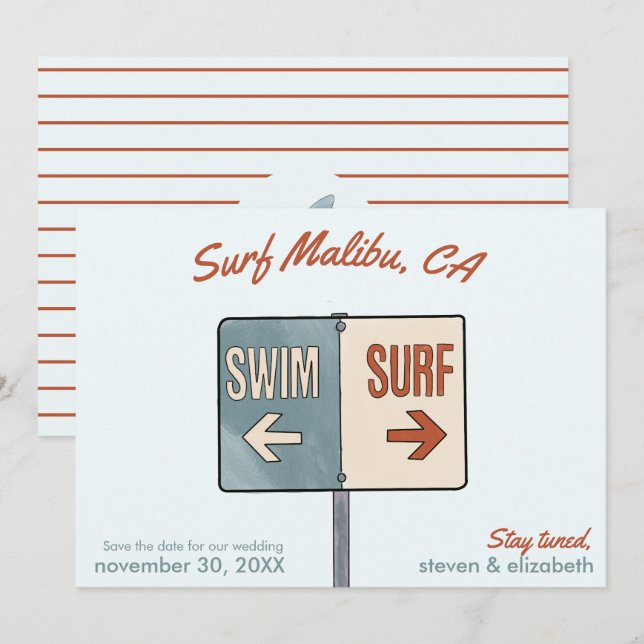 Save the Date Surf, Malibu, Kalifornien Einladung (Vorne/Hinten)