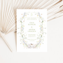 Save The Date Swans Floral Frame Monogram Wedding