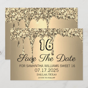Save The Date Sweet 16 Anniversaire Gold Sparkle Parties scintil