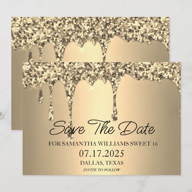 Save The Date Sweet 16 Anniversaire Soirée Gold Parties scintill (Devant / Derrière)