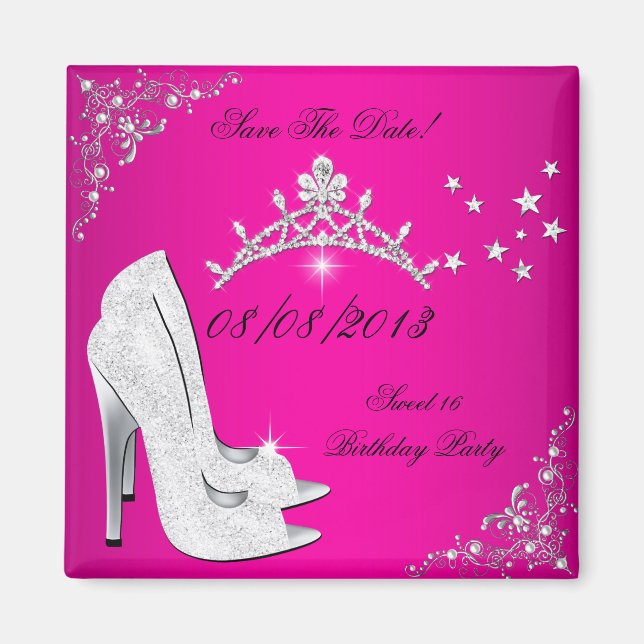 Save the Date Sweet 16 Pink High Heels Shoes Tiara Magnet (Vorne)