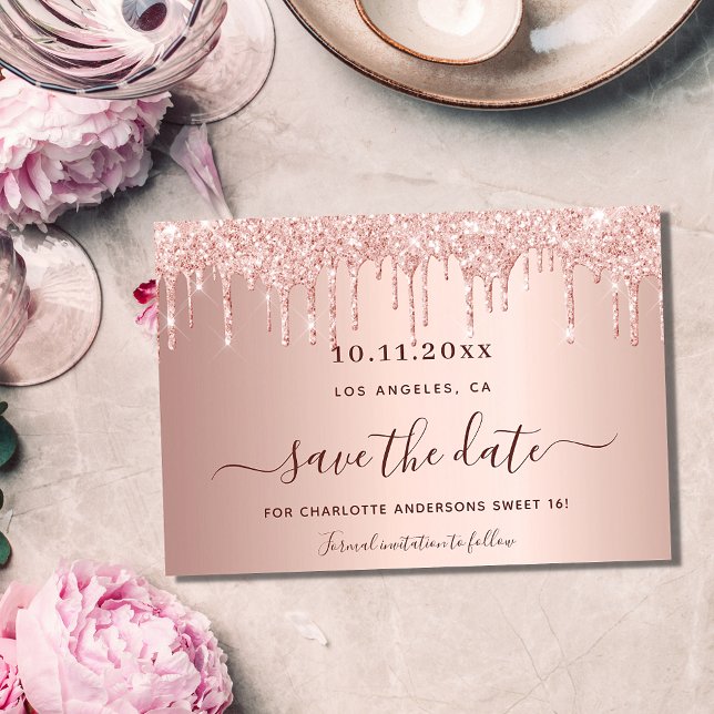 Save The Date Sweet 16 roses gouttes de parties scintillant d'or (Créateur téléchargé)