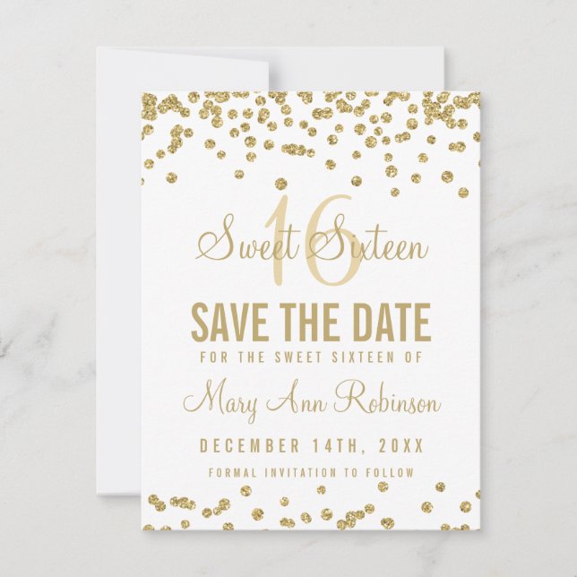 Save The Date Sweet 16 "Save Date" Parties scintillant Or Confet (Devant)