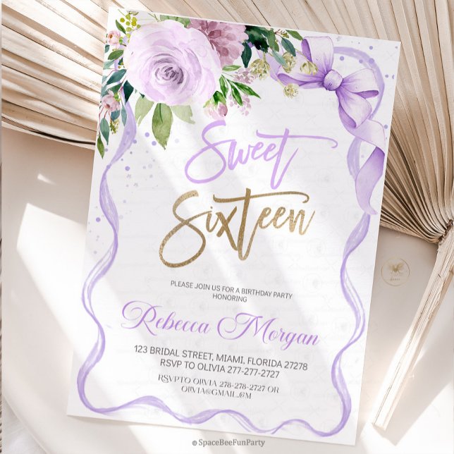 Save The Date Sweet Sixteen 16e anniversaire (Sweet Sixteen, Invitation Sweet ,16 Invite purple Bow ,Floral Watercolor, 16th Birthday ,Sweet Sixte)