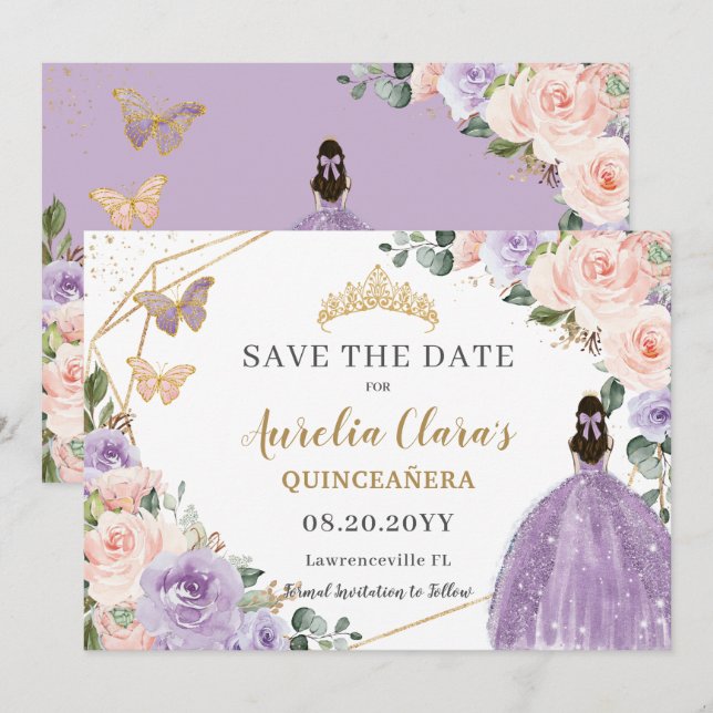 Save The Date Sweet sixteen Lilac Blush Floral Or Quinceanera (Devant / Derrière)