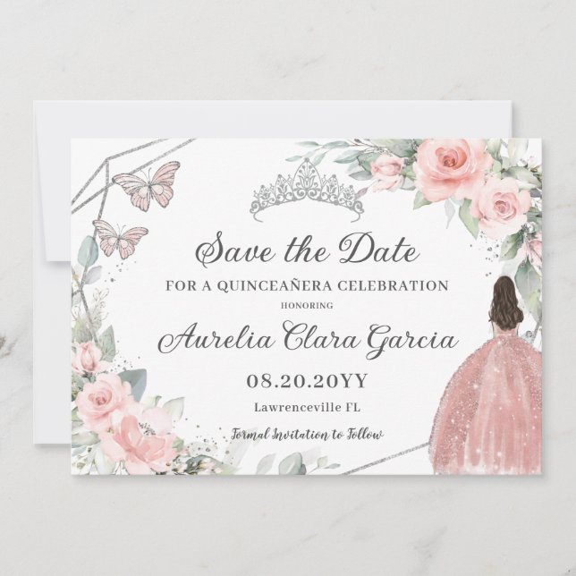 Save The Date Sweet sixteen Quinceanera en argent rose pâle (Devant)