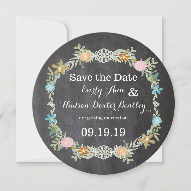 Save The Date Tableau Noir Menthe Rose Aqua Fleurs Guirlande Mar (Devant)