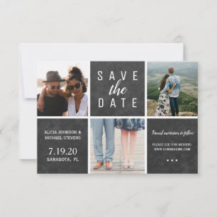 Save The Date Tableau noir simple blanc 3 photo collage mariage
