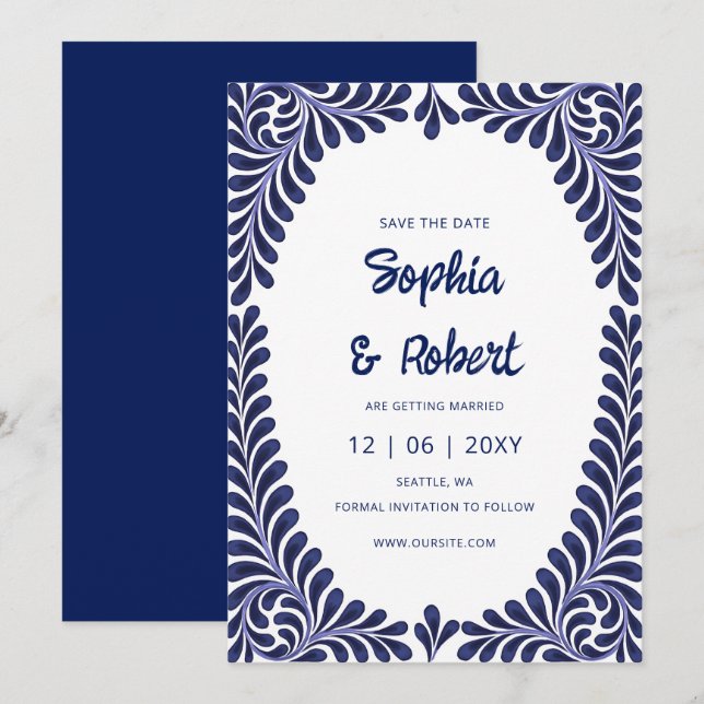 Save The Date Talavera bleu de la marine mexicaine des fêtes (Devant / Derrière)