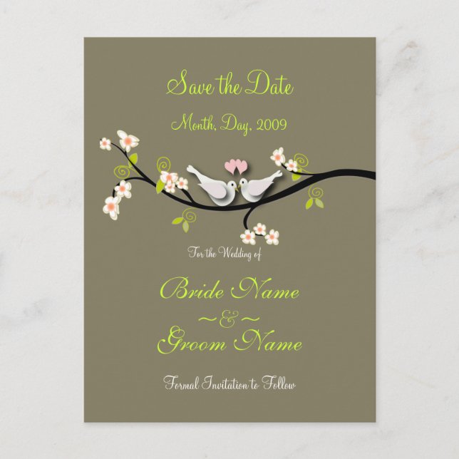 Save the Date Tauben+Rosa Blüten/Farbtöne Ankündigungspostkarte (Vorderseite)