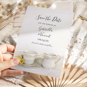 Save The Date Tea Cup avec marguerites jaunes Mariage Enregistre