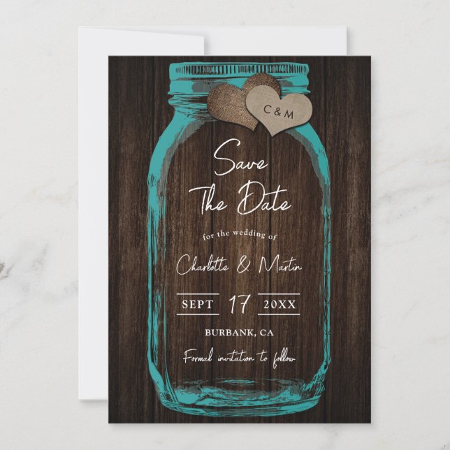 Save The Date Teal Mason Jar Wood Monogram Romantic Fall Wedding (Devant)