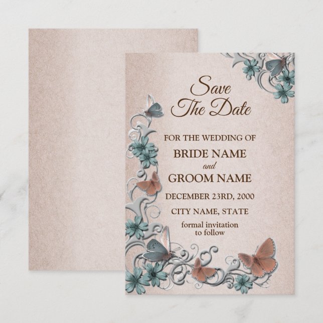 Save The Date Teal Silver Floral Copper Butterfly Tan Wedding (Devant / Derrière)